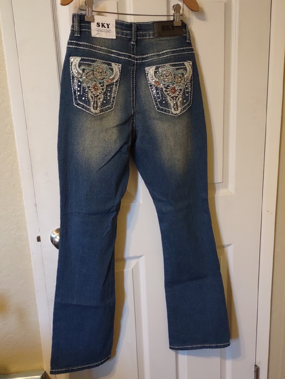 Sky Women's Dark Blue Bootcut Jeans with Embellished Back Pockets Size 7/8 New